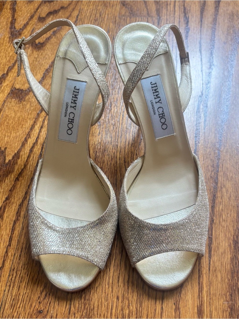 Jimmy Choo Gold Metallic Slingback Peep-Toe Heels